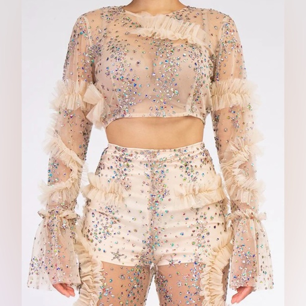 FASHION NOVA Multicolor Glitter Sequin Long Sleeve Sheer Embellished Ruffle Top